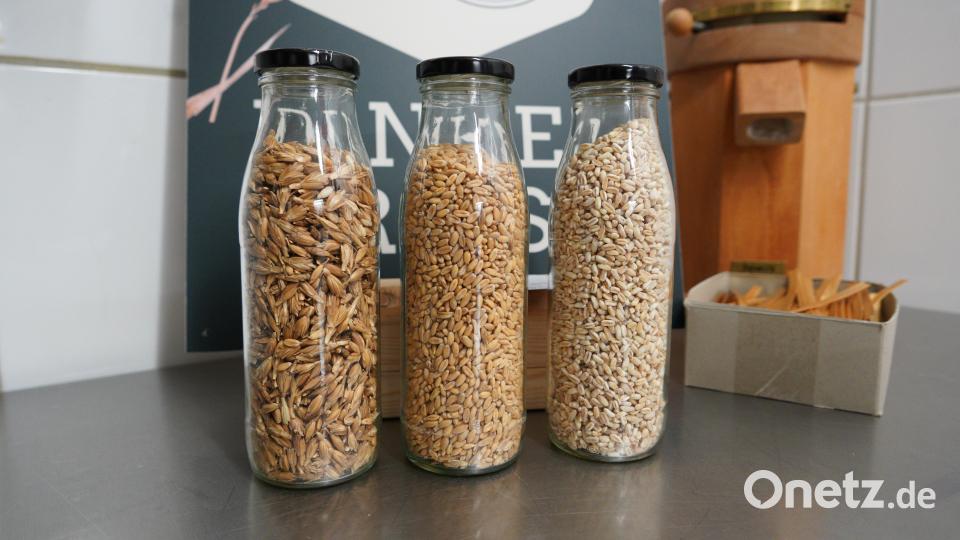 Die verschiedenen Verarbeitungsstufen von links: Dinkel im Spelz, geschälter und geschliffener Dinkel. Bild: kaz