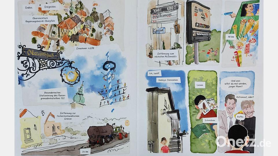 Der Einstieg in die Comic-Biografie Stockhausen erfolgt mit farbenfrohen Bildern von Oberviechtach. Der Autor hat hier Bezüge aus seiner Kindheit einfließen lassen. Bild: David von Bassewitz/exb