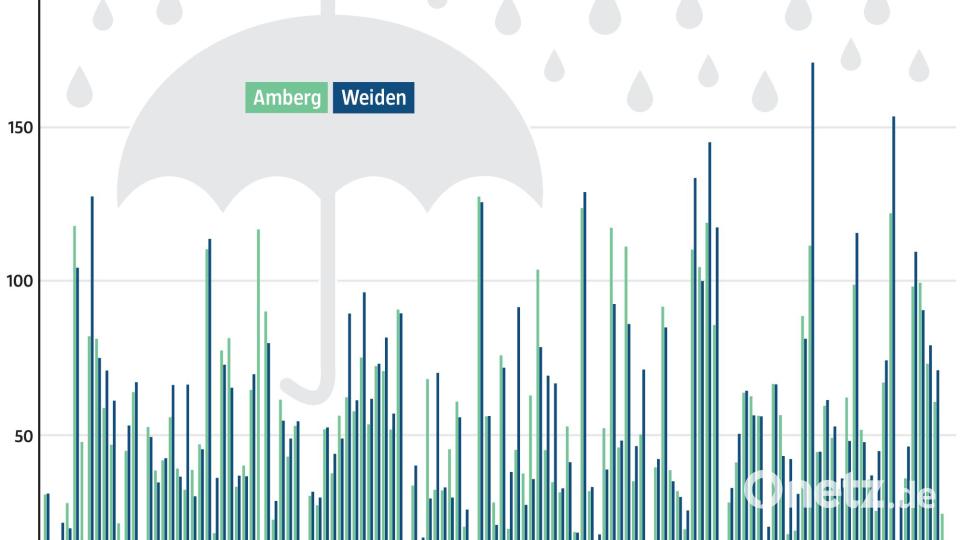 So viel hat es in den vergangenen zehn Jahren jeden Monat jeweils in Amberg und Weiden geregnet. Quelle: DWD Grafik: Gube, Marina