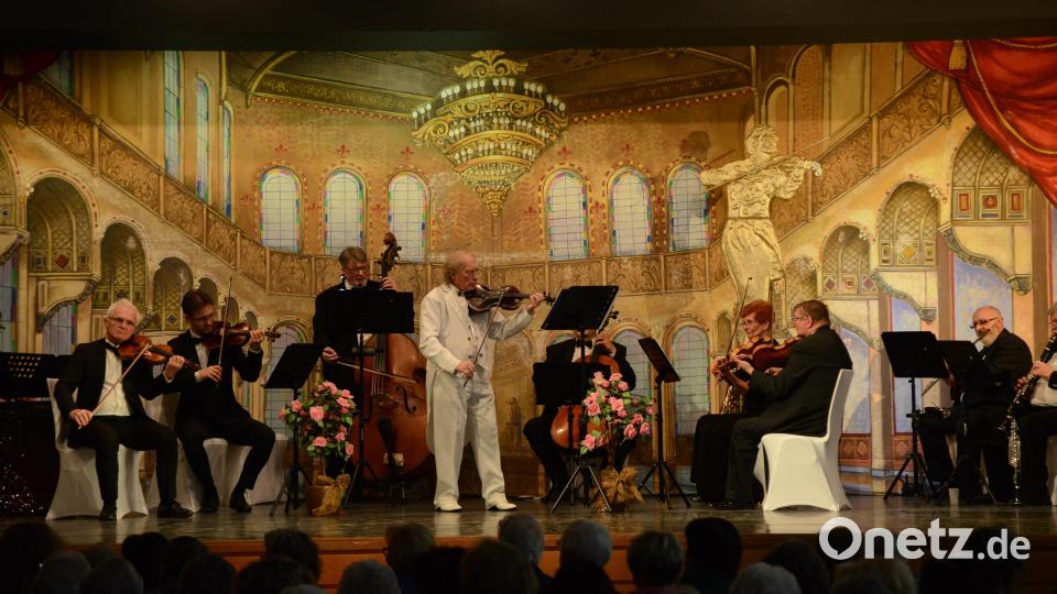 Das Gala-Sinfonie-Orchester aus Pragunter Leitung von Wenzel Plasil begleitet die Interpreten, der Orchesterchef begeistert die Besucher mit seinem Violinsolo. Bild: bey