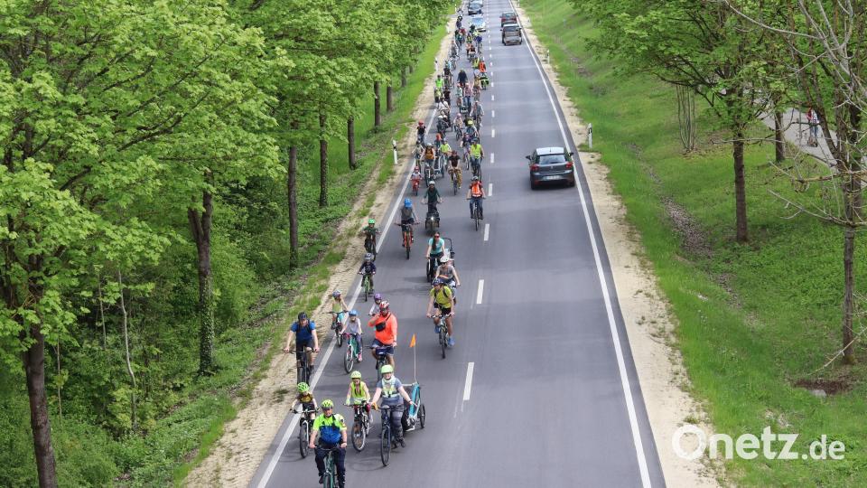 Der Radweg (rechts am Bildrand) bleibt leer: Stattdessen tragen die Radler ihre Forderungen im Konvoi auf die Straße. Bild: mfh
