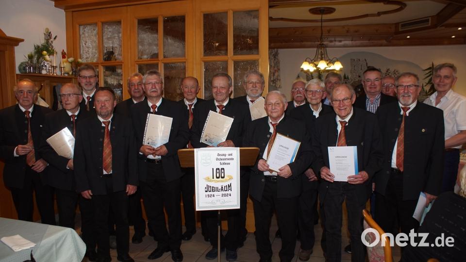 Die beim Festabend geehrten Mitglieder des Gesang- und Orchestervereins, denen Jens Falck (rechts) und Sigmund Kochherr (Achter von rechts) vom Verband Oberpfälzer Chöre gratulierten. Bild: mmj