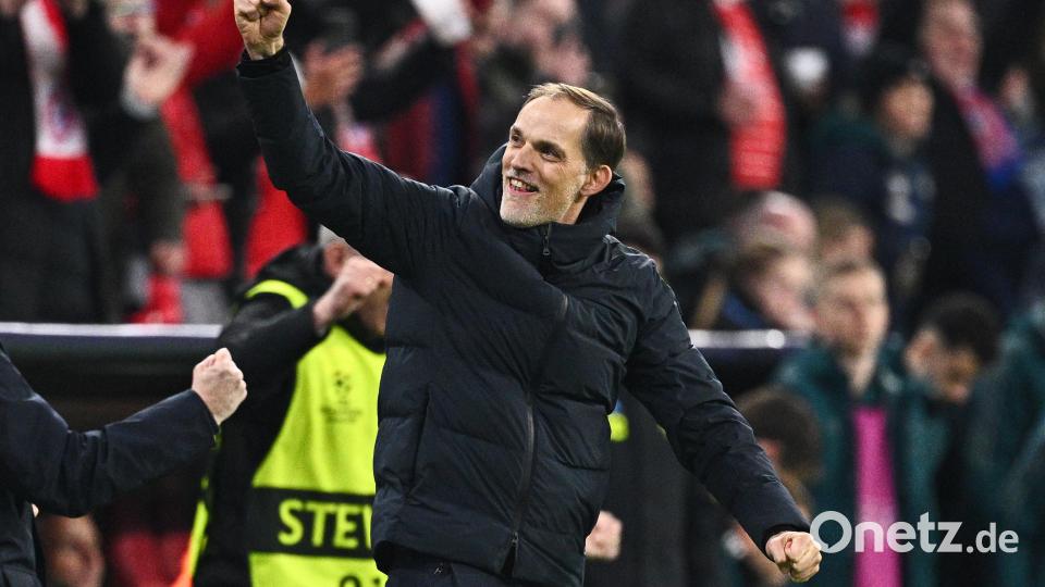Noch-FC-Bayern-Trainer Thomas Tuchel feiert nach dem Spiel gegen Arsenal London. Bild: Tom Weller/dpa
