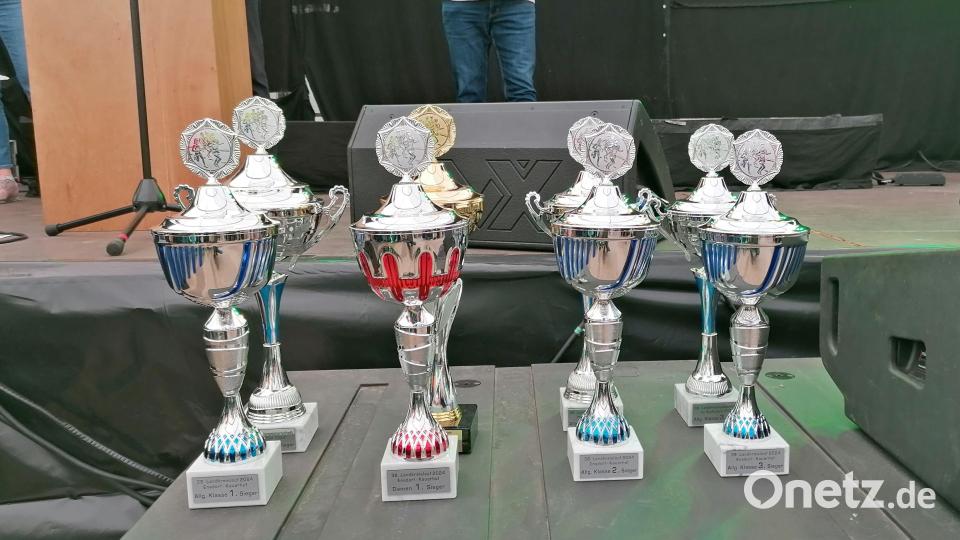 Beim Landkreislauf Amberg-Sulzbach 2024 ging es um diese Pokale. Doch nicht nur die schnellsten Teams wurden am Samstag im Zielort Kauerhof ausgezeichnet. Bild: mzi