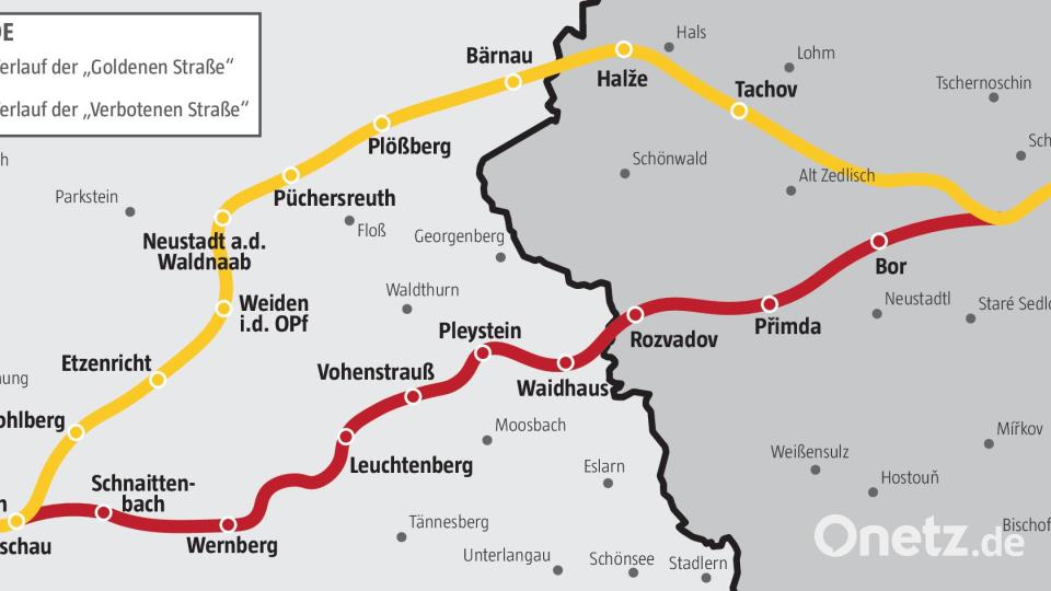 Die Grafik zeigt den Verlauf der "Goldenen Straße" sowie der "Verbotenen Straße". Fast alle Gemeinden und Städte entlang der historischen Handelsstraße vernetzen sich für das Bundesprogramm "Aller.Land". Grafik: Oberpfalzmedien