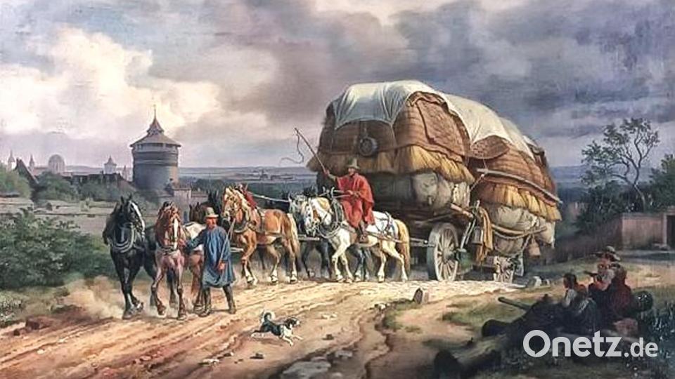 So stellt sich Künstler Johann Adam Klein einen Handelswagen auf der Goldenen Straße vor. Das Bild ist im Stadtmuseum im Fembohaus Nürnberg zu sehen. Repro: Hans Meindl