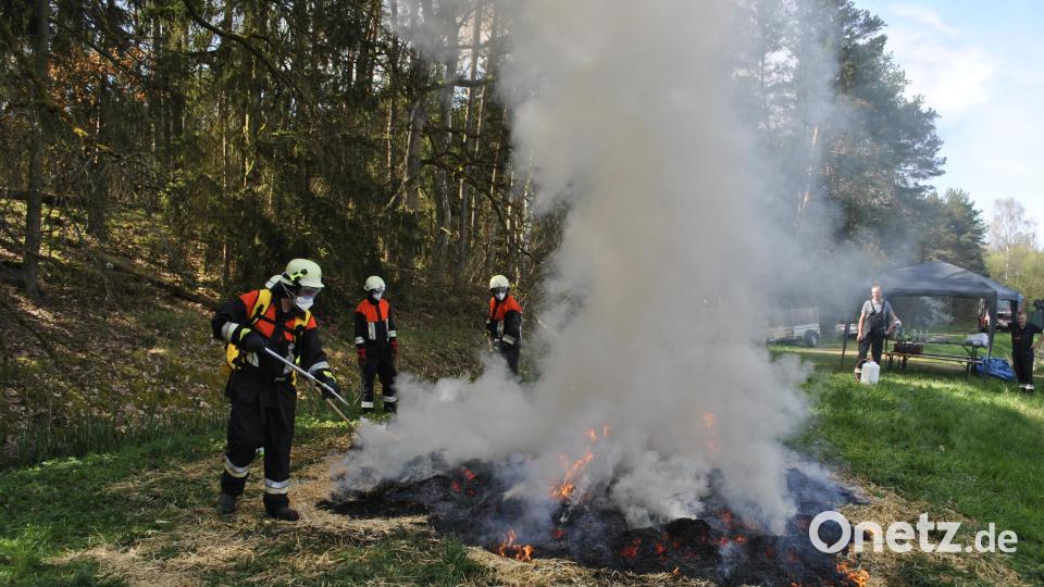 Mit Hilfe sogenannter Waldbrandpatschen kann ein Flächen- oder Getreidefeldbrand bekämpft werden. Die Feuerwehrleute trainieren die richtige Handhabung. Bild: wfw