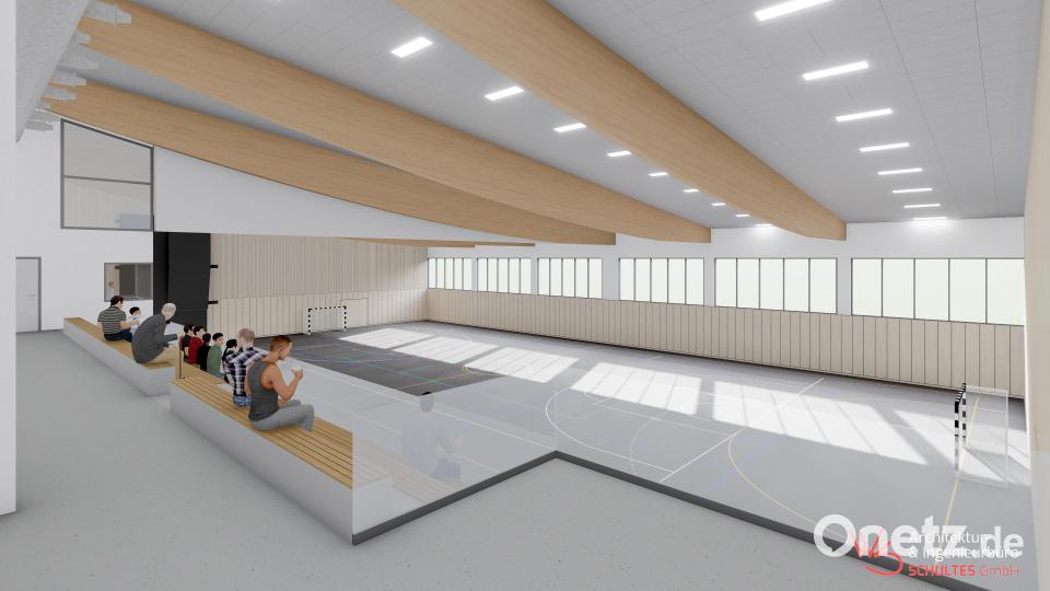 Die Fotoanimation des Architekturbüros Schultes zeigt, wie die Mehrfachsporthalle nach der Fertigstellung einmal aussehen sollte. Bild: Architekturbüro Wolfgang Schultes/exb