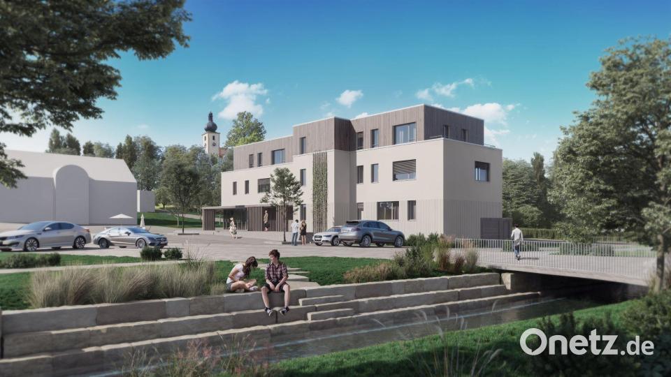 Die Visusalisierung des zuständigen Architekturbüros zeigt das Bauprojekt Neue Mitte Kümmersbruck nach seiner Vollendung. In der 100 Quadratmeter großen Gewerbeeinheit im Erdgeschoss ist ein Tagescafé oder Bistro vorgesehen. Bild: evh_architekten