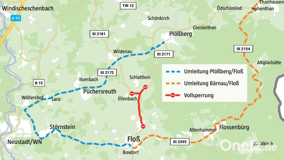 Seit Mittwoch, 15. Mai, ist die Staatsstraße zwischen Floß und Ellenbach wegen Straßenausbaus gesperrt. Der Verkehr wird umgeleitet. Grafik: Oberpfalz-Medien, Laura Fröhler – Quelle: Staatliches Bauamt Amberg-Sulzbach