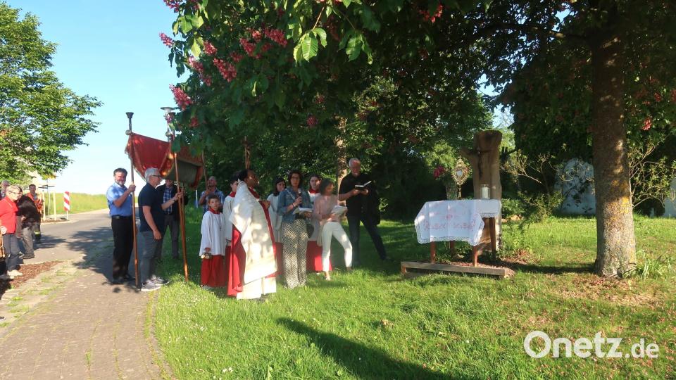 Bei der Flurprozession am Pfingstmontag machen die Gläubigen erstmals am Zumhülsen-Kreuz Station. Pater Robin Xavier erteilt dort den eucharistischen Segen. Bild: rha