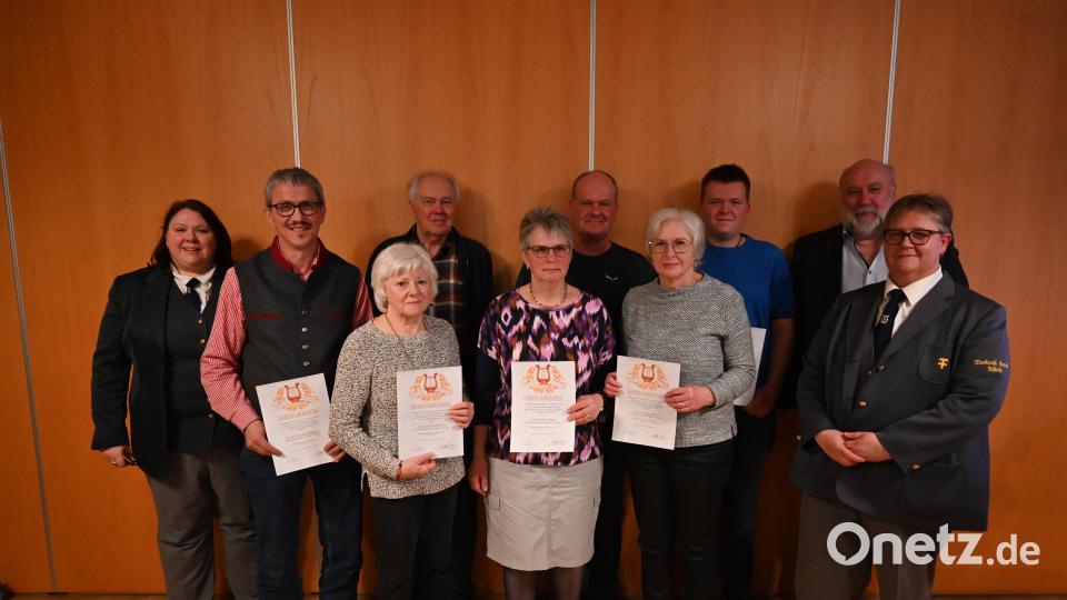 Geehrt wurden zahlreiche passive Mitglieder (von links): Dirigentin und 2. Vorsitzende Sabine Kredler, Edmund Heldmann, Paula Stubenvoll, Ludwig Rösch, Barbara Meiler, Hans-Ludwig Rösch, Irmgard Kohl, Timm Gebhard, Werner Stein vom Nordbayerischen Musikbund und Vorsitzende Anja Bauer. Bild: sak