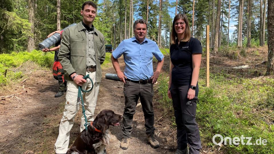 Zusammen mit Außenstellenleiter Armin Wild (Mitte) und Regina Härtl, Abteilungsleiterin am AELF (rechts) schaute Forstanwärter Moritz Mayr bei der Lerneinheit vorbei. Bild: Armin Hofbauer/AELF Regensburg-Schwandorf/exb