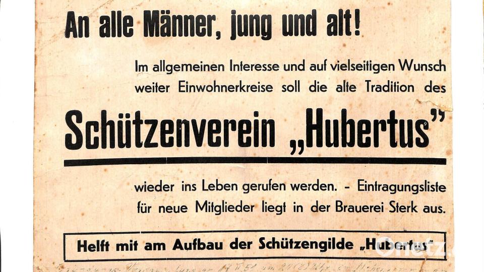 Mit diesem Aushang wurde 1951 in Raigering für die Wiedergründung der SG Hubertus geworben. Das Stadtarchiv hat sämtliche Dokumente der Schützengesellschaft in seinen Bestand übernommen. Bild: Stadtarchiv Amberg/exb