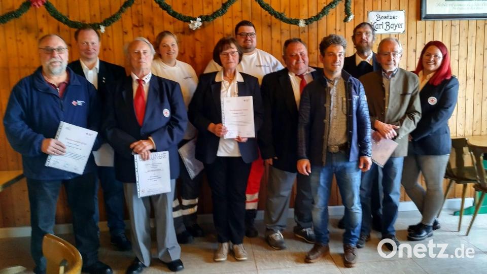 Richard Meierl (von links), Ralf Arnold, Wilfried Arnold, Johanna Krämer, Christina Arnold, Fabian Krämer, Bereitschaftsleiter Robert Wolfrum, Michael Dutz, stellvertretender Kreisbereitschaftsleiter Wolfgang Rosner, Dr. Rainer Karban und stellvertretende Kreisbereitschaftsleiterin Verena Völkl. Bild: BRK Wiesau/exb
