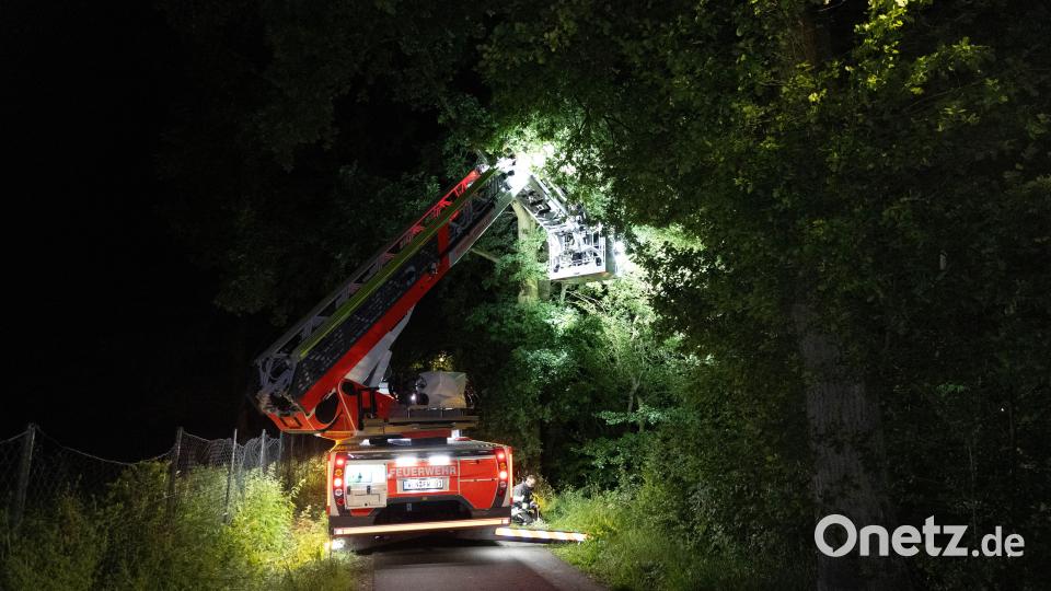Die Feuerwehr strahlte von einer Drehleiter Licht auf den Flutkanal. Bild: Roland Wellenhoefer