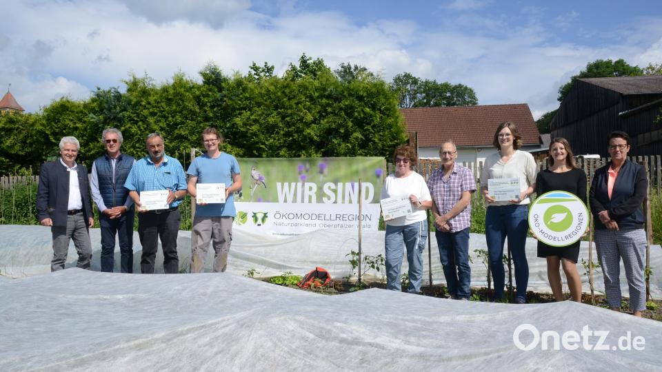 Bürgermeister Robert Lindner (links), Vorsitzender der ILE Naturparkland Oberpfälzer Wald, übergibt die Förderschilder. Bild: bey