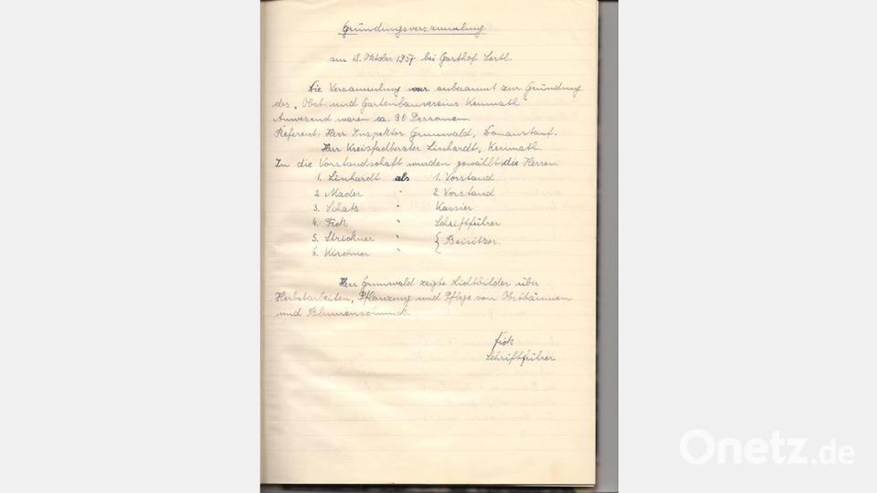 Das Protokoll der Gründungsversammlung des OGV Kemnath am 18. Oktober 1957. Bild: OGV Kemnath/exb