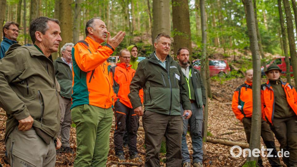 Der Forstbetrieb Fichtelberg stellt die Weichen für den zukünftigen Wald. Winfried Pfahler, Leiter des Forstbetriebs Fichtelberg (Mitte) diskutiert mit den Vorständen der BaySF Martin Neumeyer (rechts) und Rudolf Plochmann (links) sowie den Mitarbeiterinnen und Mitarbeitern des Forstbetriebs über künftige Strategien bei der Waldbehandlung. Bild: Martin Hertel/exb