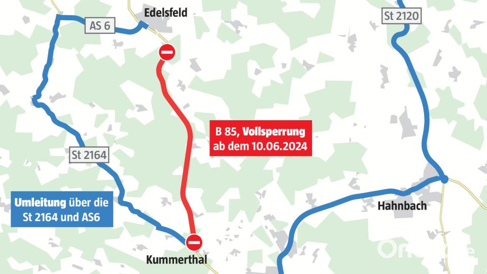 Zwischen Edelsfeld und Sulzbach-Rosenberg wird die B 85 (rot) gesperrt. Die Umleitungsstrecken (blau) führen weiträumig um die Baustelle herum. Bild: Oberpfalzmedien/Staatliches Bauamt Amberg-Sulzbach