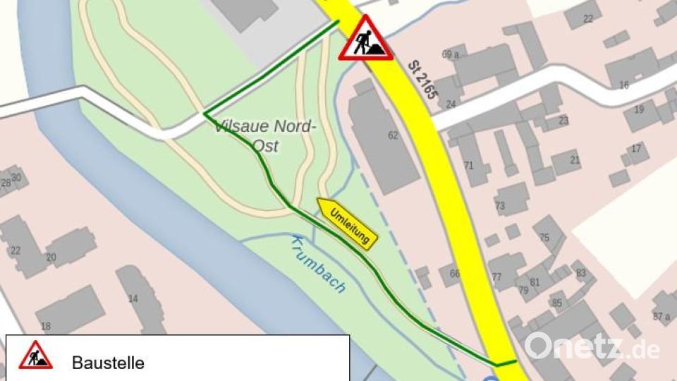 Die Umleitungsstrecke für den Radverkehr sowie die Baustelle für die Brückensanierung zeigt dieser Kartenausschnitt. Bild: Staatliches Bauamt