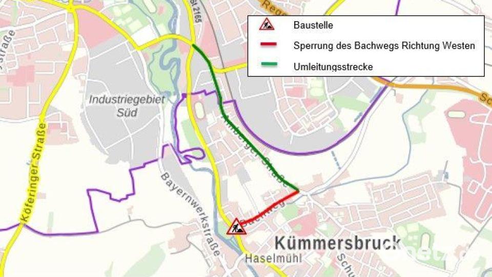 Der Kartenausschnitt zeigt die Baustelle auf der Vilstalstraße sowie die Sperrung und die Umleitungsstrecke. Bild: Staatliches Bauamt