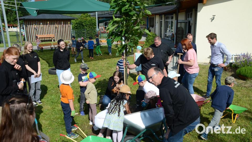Bei der Pflanz- und Lernaktion zwischen Siemens-Healthineers und der Kindertagesstätte in Speichersdorf halfen alle zusammen. Bild: Arnold Koch/exb
