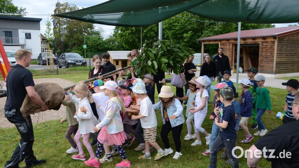 Bei der Pflanz- und Lernaktion zwischen Siemens-Healthineers und der Kindertagesstätte in Speichersdorf halfen alle zusammen. Bild: Arnold Koch/exb