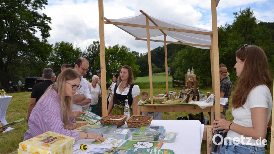 Zahlreiche Tännesberger Bürger besuchen die Info-Stände, hier mit Biodiversitätsmanagerin Nathalie Ingerl und ILE-Managerin Ilona Hundsberger (von links). Bild: Claudia Rückerl, landimpuls GmbH/exb