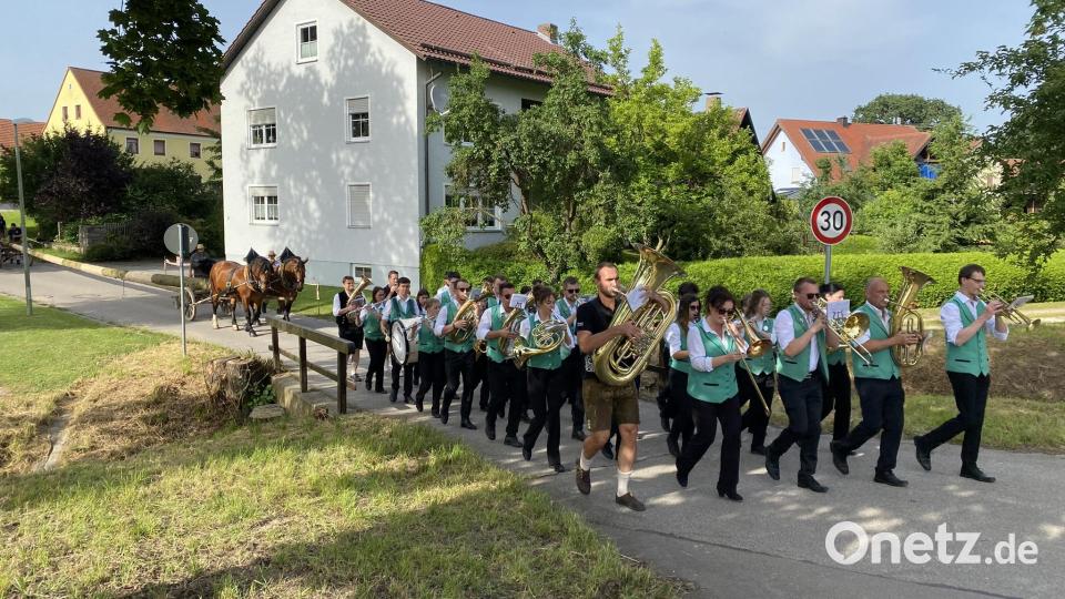 Angeführt von der Jugendblaskapelle ziehen die Kaltblüter Leo und Fonse den Perschener Kirwabaum vor den Edelmannshof. Bild: aub