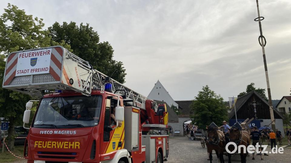 Wenn das &quot;Pferdl&quot; auch noch fliegen könnte, wäre es ein &quot;Pfluftl&quot;. So aber mussten die &quot;Bodenständigen&quot; der Drehleiter Platz machen, um den nur halb hängenden Baumkranz wieder festzuzurren. Bild: aub