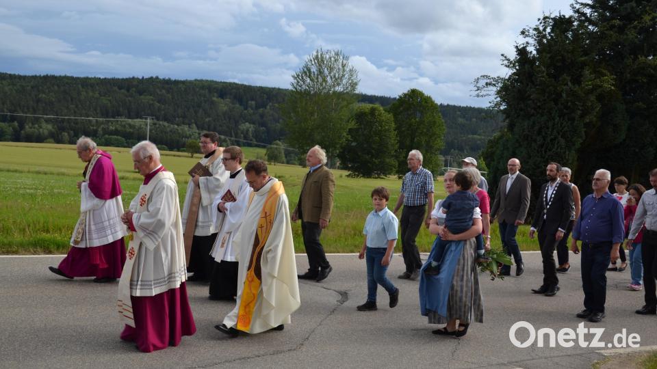 Eingereiht in den Zug zur Kirche haben sich auch Prälat Hermann Hierold, Professor Alfred Hierold, Pfarrer Udo Klösel, Neupriester Michael Steinhilber und Dekan Alexander Hösl (von links), den Angehörigen, Verwandten, der Kommune, Kirchen- und Pfarrgemeinde. Bild: gi