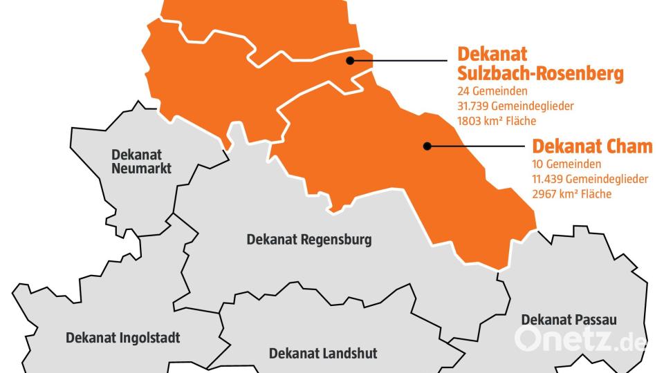 Die evangelischen Dekanate Cham, Sulzbach-Rosenberg und Weiden bilden das größte Flächendekanat der Evangelisch-Lutherischen Kirche, sowohl in der Oberpfalz als auch in Bayern. Grafik: Marco Meier