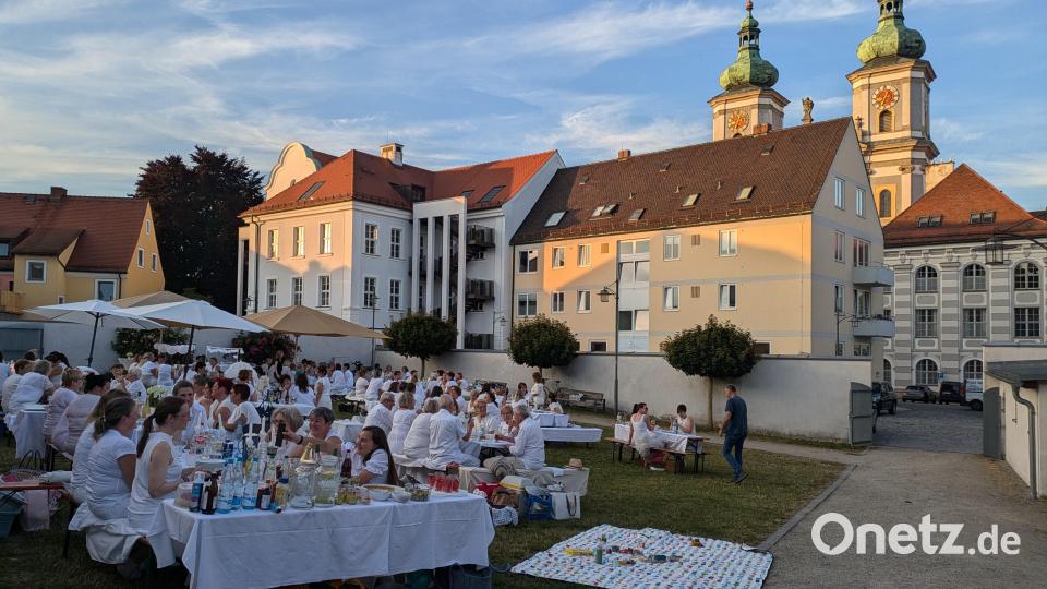 Eine besondere Stimmung herrschte bei angenehmen Temperaturen selbst spätabends noch beim „Dîner en Blanc&quot; in den Neuen Gärten in Waldsassen. Für den jüngsten Besucher an einem der Tische war eine Spieldecke am Rand der Grünfläche ausgelegt. Bild: pz