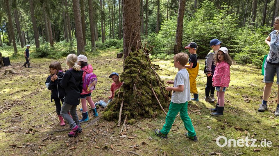 Das Outdoor-Kids-Abzeichen der Deutschen Wanderjugend erarbeiteten sich die Kinder spielerisch im Wald. Bild: Bastian Roth/exb