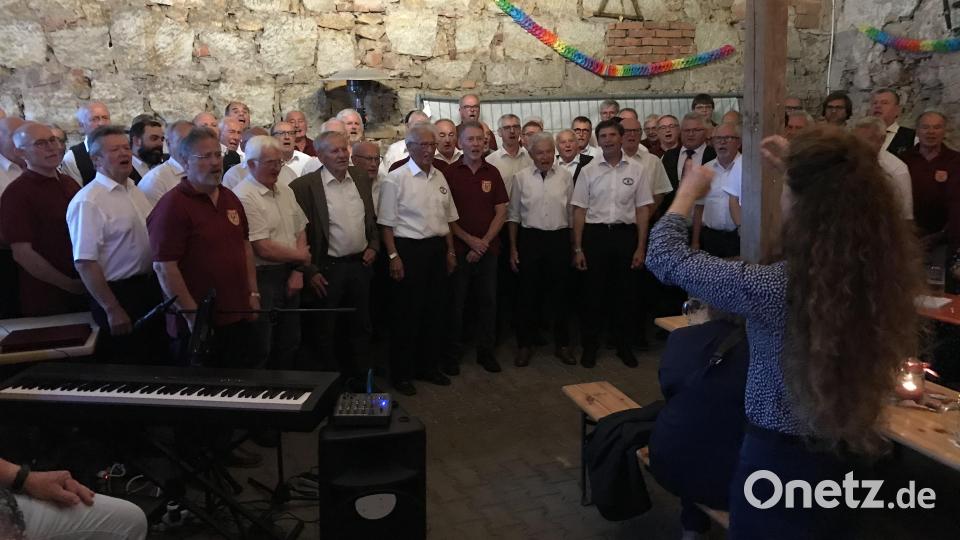 Mit dem gemeinsamen Lied &quot;Von der Traube in das Fass&quot; beenden die vier teilnehmenden Chöre traditionell ihre Auftritte beim Sommernachtsfest in Hahnbach. Bild: mma