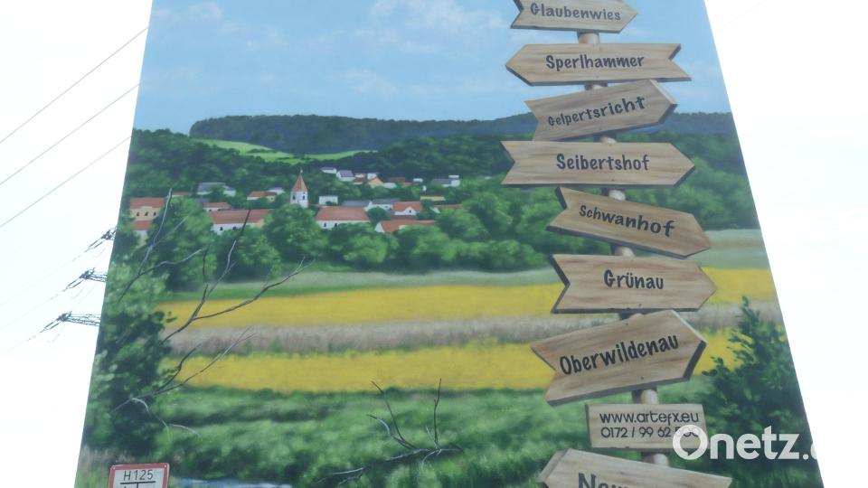 Die Trafostation bei Unterwildenau weist auf alle 14 Ortsteile des Marktes Luhe-Wildenau hin. Die Bayernwerk Netz GmbH hat dafür 20.000 Euro ausgegeben. Das Werk stammt von Künstler Markus Ronge. Bild: bey