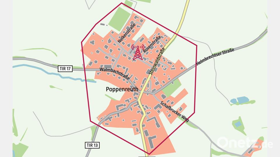 Sollte im Suchgebiet (im rot umgrenzten Bereich) in Poppenreuth ein Mast errichtet werden, werde für maximale Klarheit und Sicherheit ein Immissionsgutachten in Auftrag gegeben, sichert Bürgermeisterin Margit Bayer zu. Grafik: Laura Fröhler/Oberpfalz-Medien, Quelle: Stadt Waldershof