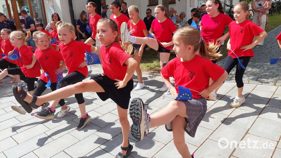 Mit Europa-Fähnchen in der Hand: Die Kindergarde der Nabburger Faschingsgesellschaft tanzt beim Jubiläumsfest. Bild: jua