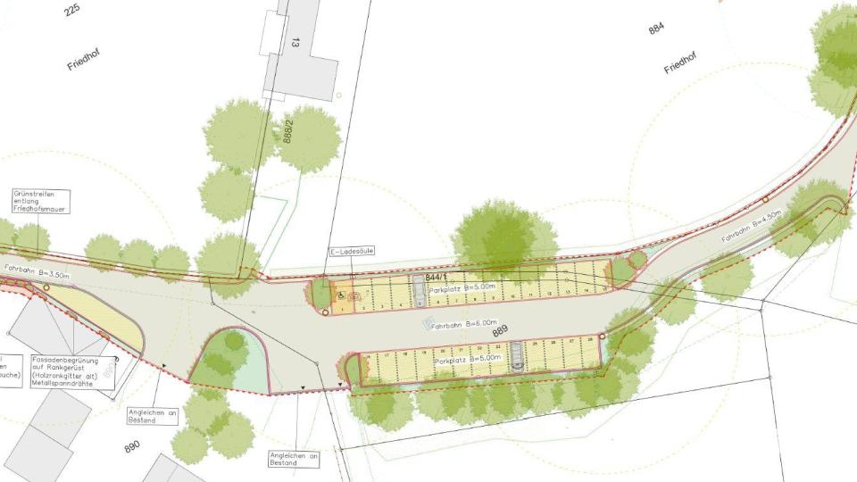 Die Skizze zeigt den Friedhofs-Parkplatz in Bärnau nach der laufenden Umgestaltung. Grafik: Ingenieurbüro Bork/exb