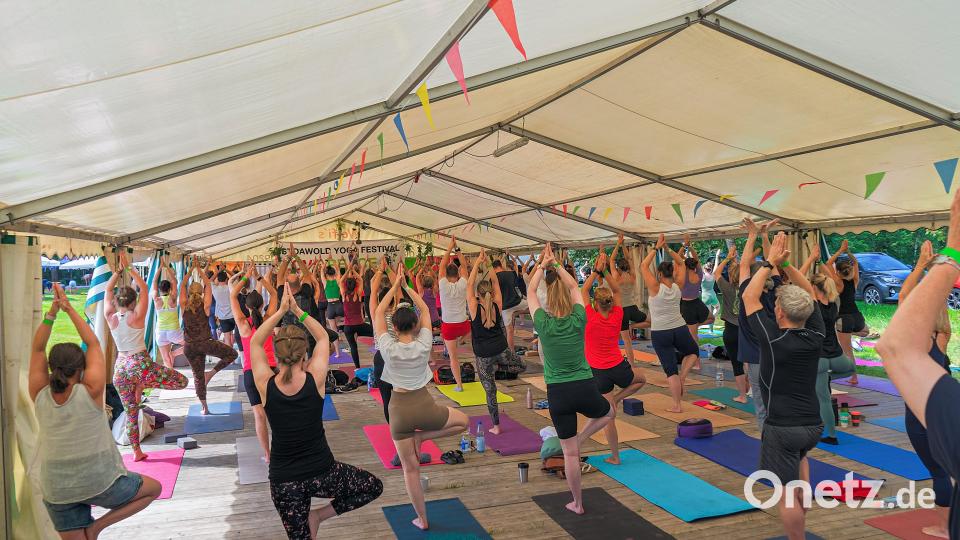 Abschalten bei den Übungen konnten am Samstag beim ersten „Stoawold-Yoga-Festival“ viele der Teilnehmer. Bild: Marco Weig/exb