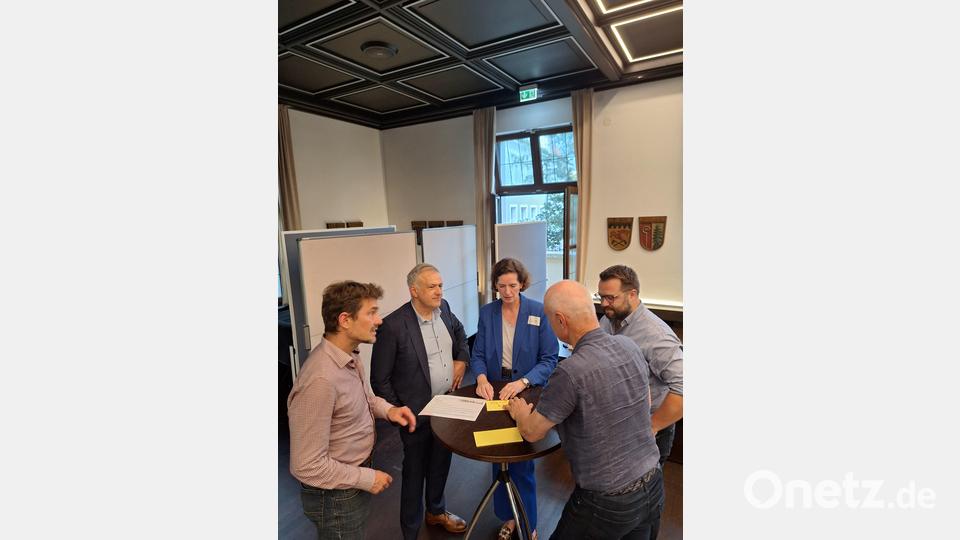 Die ersten Arbeiten in Kleingruppen haben begonnen: Dr. Peter Deinlein (Hausarzt aus Kemnath), Landrat Roland Grillmeier, Dr. Dorothee Bremerich (Ärztliche Direktorinder KNO), Matthias Grundler (Bürgermeister Falkenberg) und Dr. Alois Gradl (Zahnarzt aus Tirschenreuth) beim Gespräch in einer Runde. Bild: Fabian Polster/Landratsamt Tirschenreuth/exb
