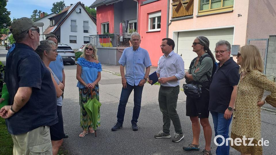 Einen Ortstermin am Vilsanger mit der Netzbetreiberfirma Tennet, vertreten durch Pressesprecher Andreas Schieder (Sechster von links), hatte die Kümmersbrucker IG &quot;Leben statt Asphalt&quot;. Bild: Veronika Frenzel/exb