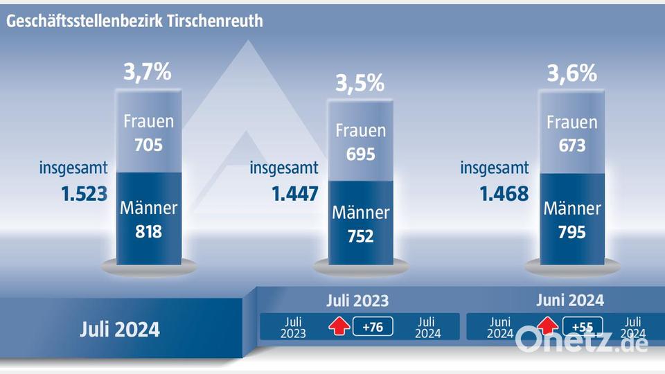 Die Arbeitslosenzahlen im Landkreis Tirschenreuth im Juli 2024. Grafik: Laura Fröhler/Quelle: Agentur für Arbeit
