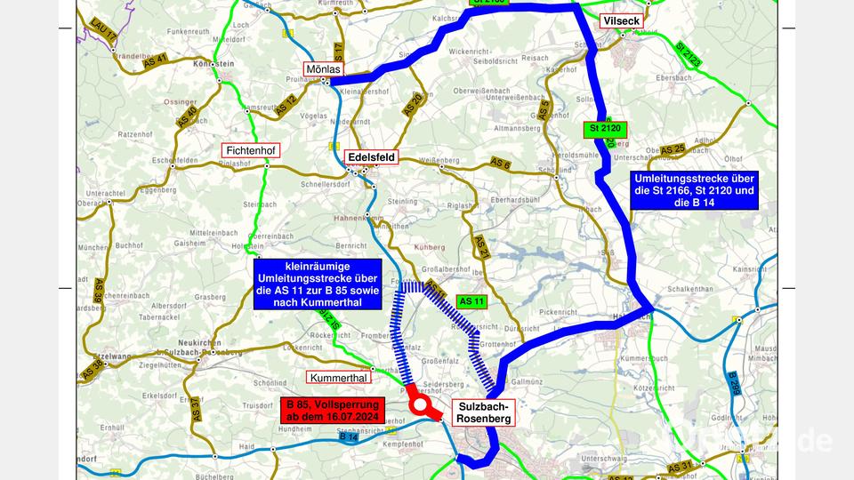So sieht die Umleitung um die B85 zwischen Sulzbach-Rosenberg und dem Kummerthal aus. Bild: Staatliches Bauamt Amberg-Sulzbach/exb