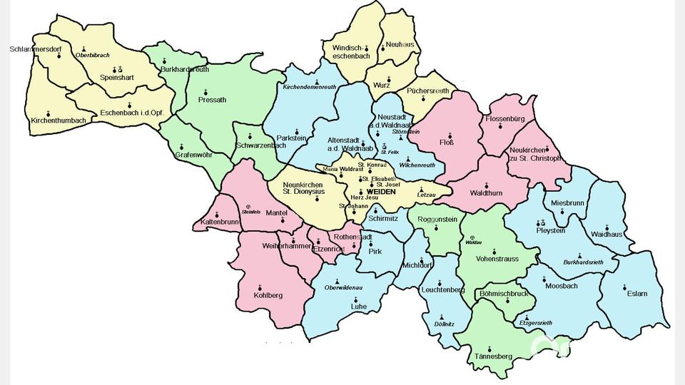 So sollen die Pfarreien im Landkreis und der Stadt Weiden zusammengeschlossen werden. Bild: Bistum Regensburg