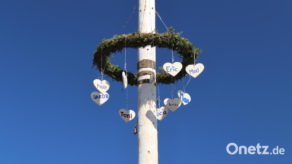 Die Namen der zehn Riedener Kirwapaare 2024, verewigt auf den Holzherzen des Kirwabaums. Bild: mrr