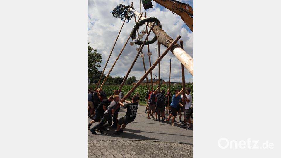 Beim Baumaufstellen am Samstag war ordentlich Muskelkraft gefragt Bild: mrr