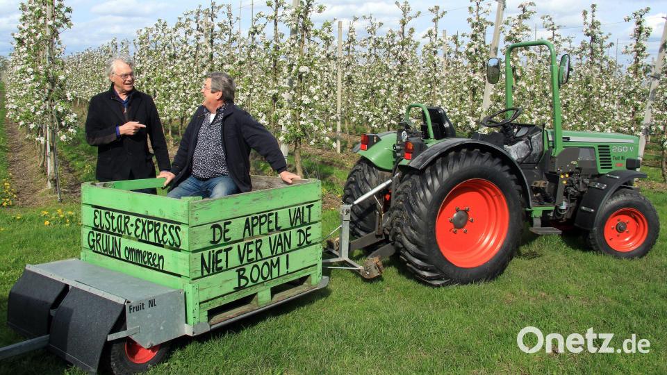 Willkommen im "Elstar-Express": Kees de Jong (rechts) macht Besuchertouren mit dem Traktor in den Plantagen seines Cousins Kees van Blyderveen. Bild: Bernd F. Meier/dpa