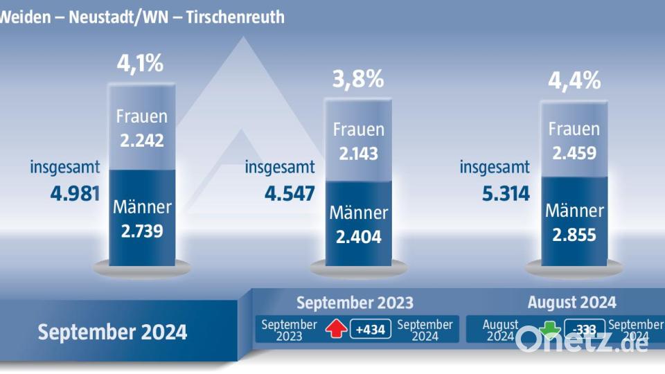 Im September ist die Zahl der Arbeitslosen im Bezirk der Agentur für Arbeit Weiden leicht gesunken. Grafik: Quelle: Agentur für Arbeit Weiden - Grafik: Oberpfalz-Medien